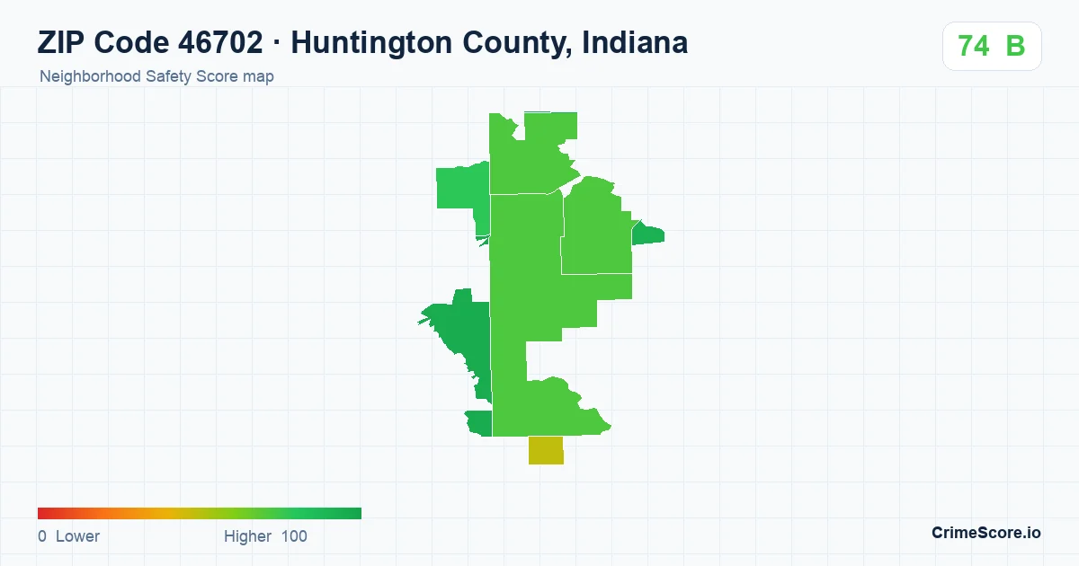 ZIP Code 46702 in Huntington County, Indiana neighborhood Safety Score map