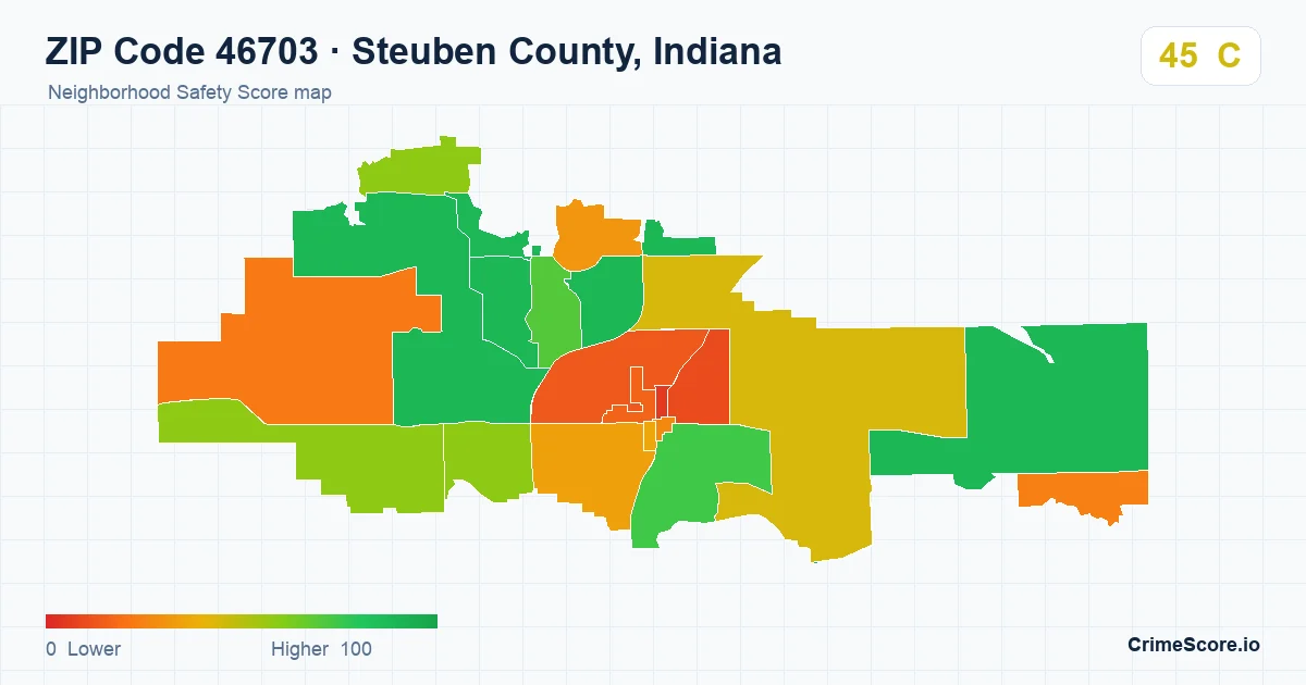 ZIP Code 46703 in Steuben County, Indiana neighborhood Safety Score map