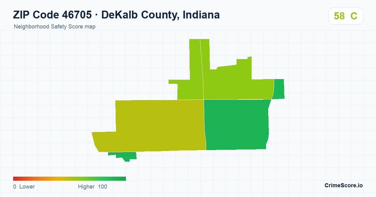ZIP Code 46705 in DeKalb County, Indiana neighborhood Safety Score map