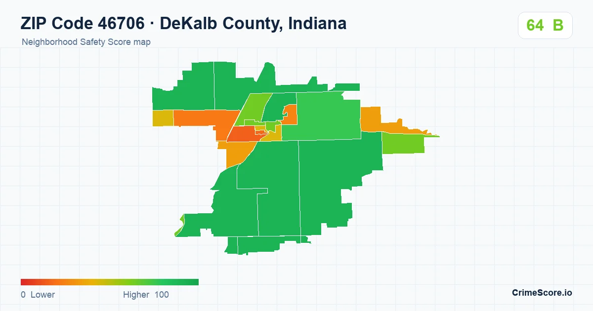 ZIP Code 46706 in DeKalb County, Indiana neighborhood Safety Score map
