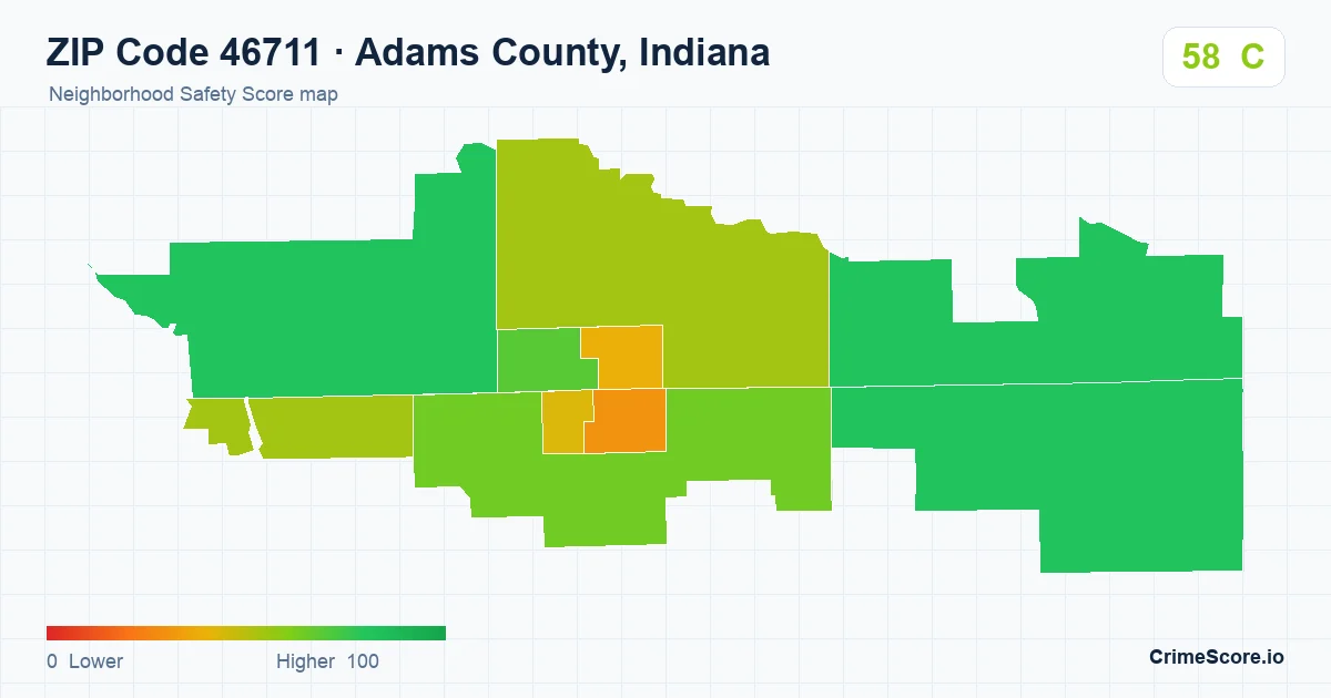 ZIP Code 46711 in Adams County, Indiana neighborhood Safety Score map