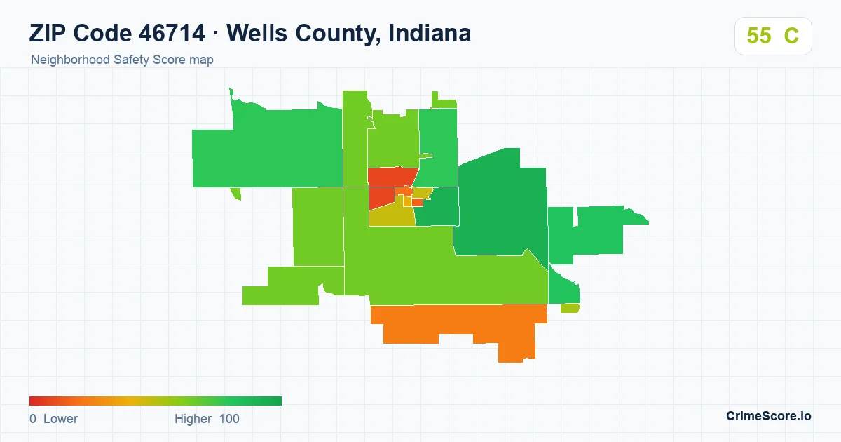 ZIP Code 46714 in Wells County, Indiana neighborhood Safety Score map