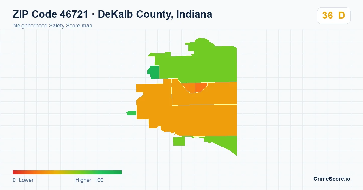 ZIP Code 46721 in DeKalb County, Indiana neighborhood Safety Score map