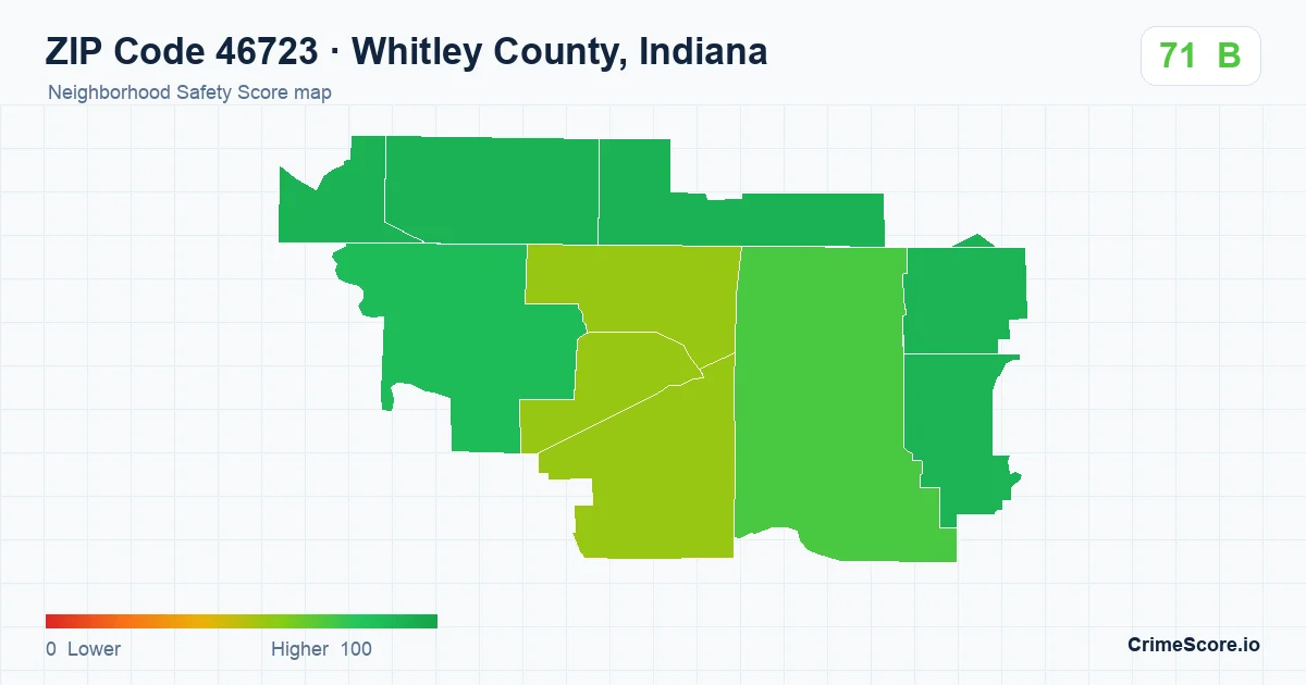 ZIP Code 46723 in Whitley County, Indiana neighborhood Safety Score map