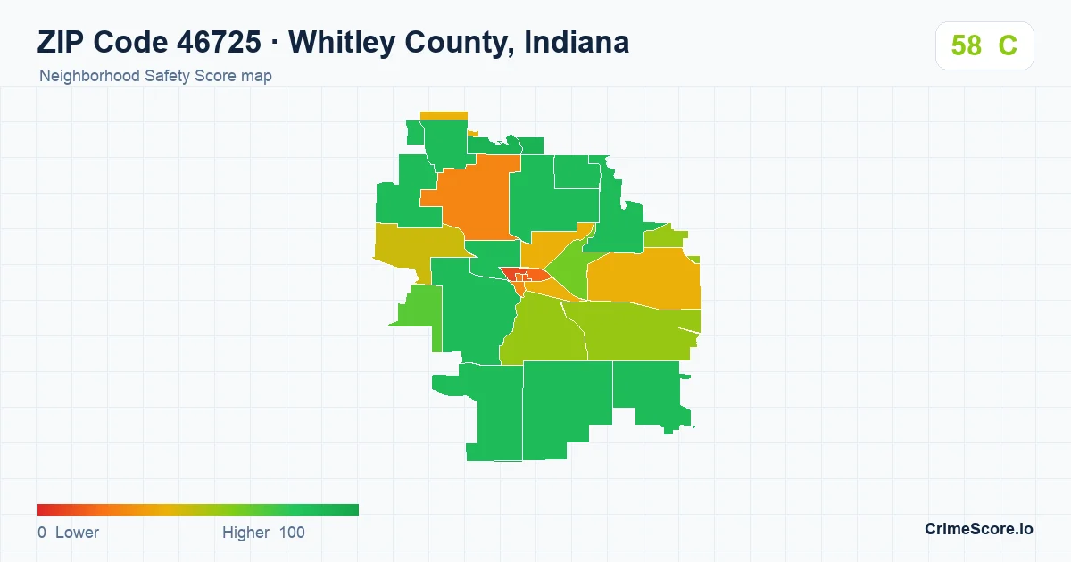 ZIP Code 46725 in Whitley County, Indiana neighborhood Safety Score map