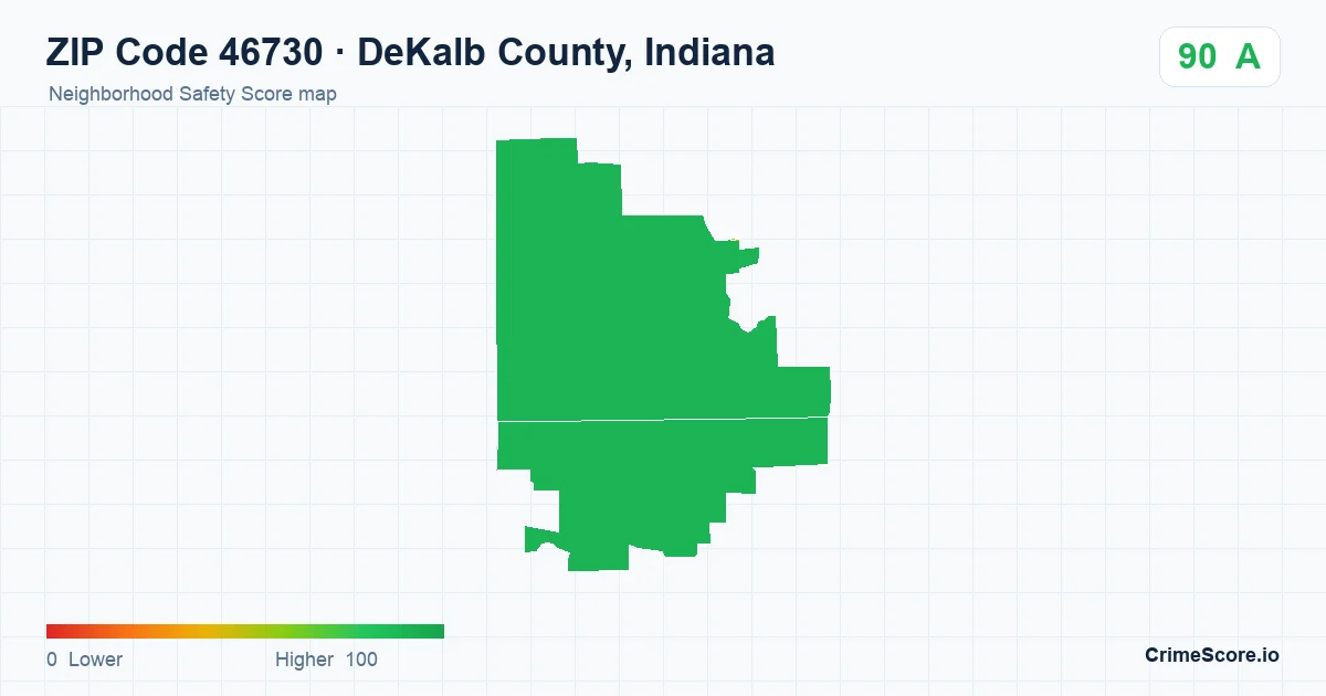 ZIP Code 46730 in DeKalb County, Indiana neighborhood Safety Score map