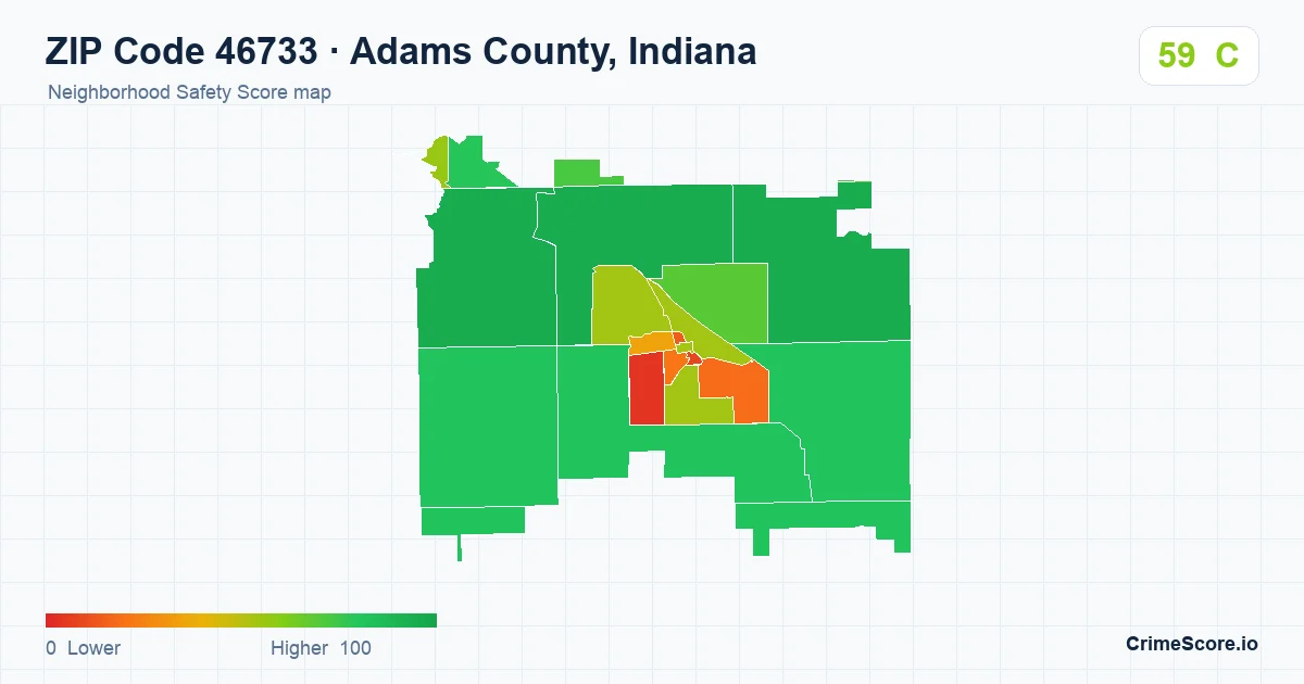 ZIP Code 46733 in Adams County, Indiana neighborhood Safety Score map