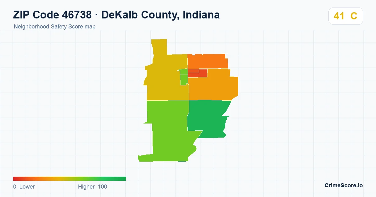 ZIP Code 46738 in DeKalb County, Indiana neighborhood Safety Score map