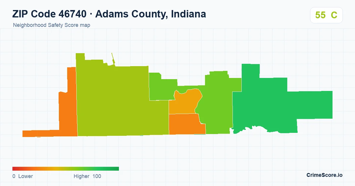 ZIP Code 46740 in Adams County, Indiana neighborhood Safety Score map