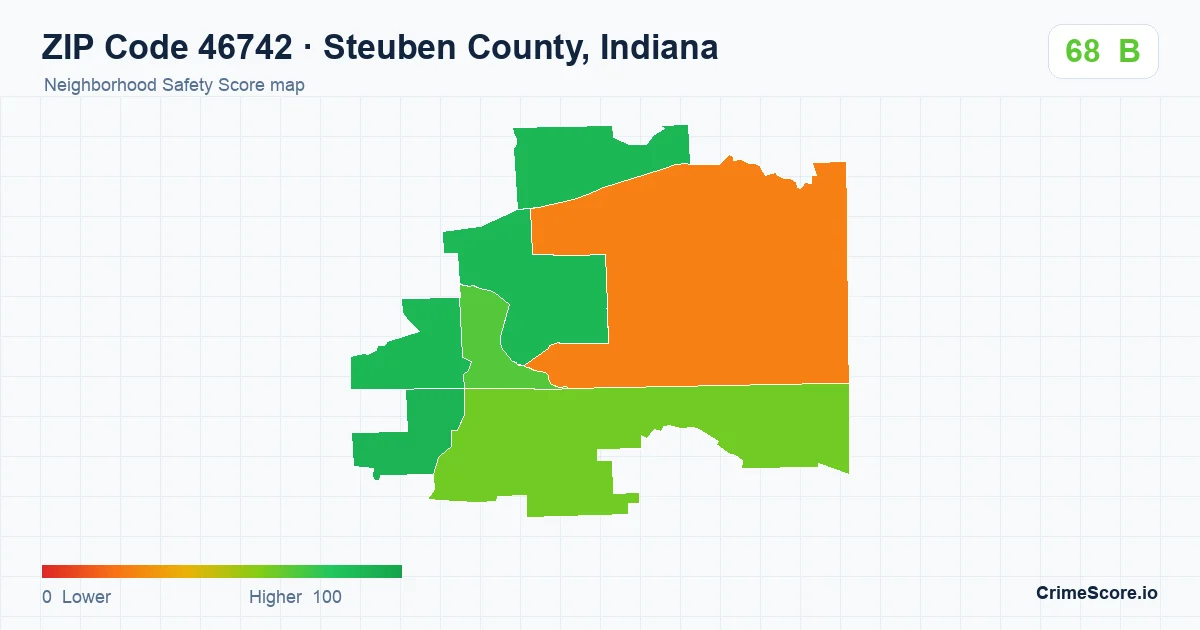 ZIP Code 46742 in Steuben County, Indiana neighborhood Safety Score map