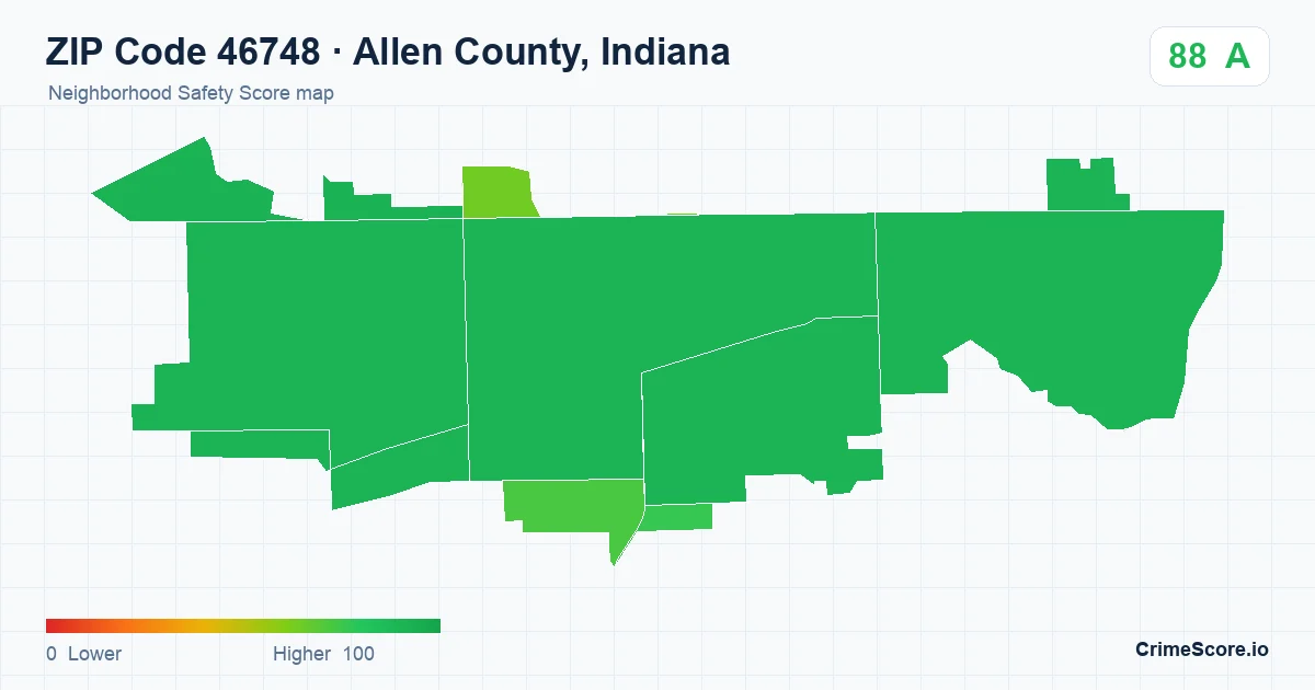 ZIP Code 46748 in Allen County, Indiana neighborhood Safety Score map