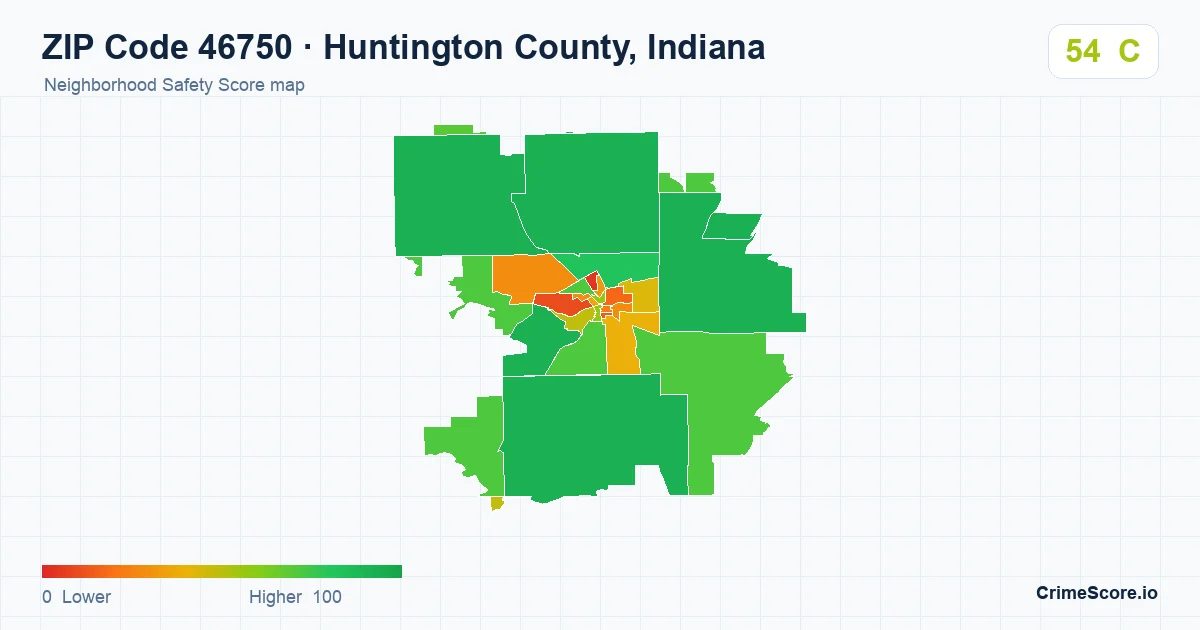 ZIP Code 46750 in Huntington County, Indiana neighborhood Safety Score map