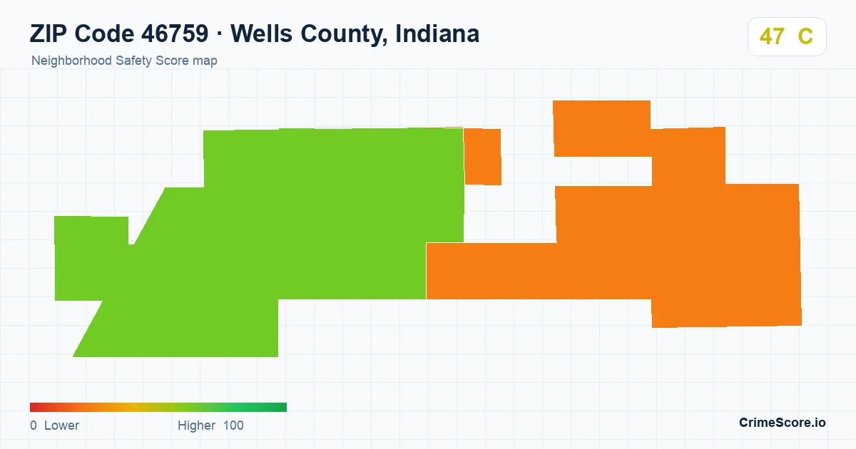 ZIP Code 46759 in Wells County, Indiana neighborhood Safety Score map