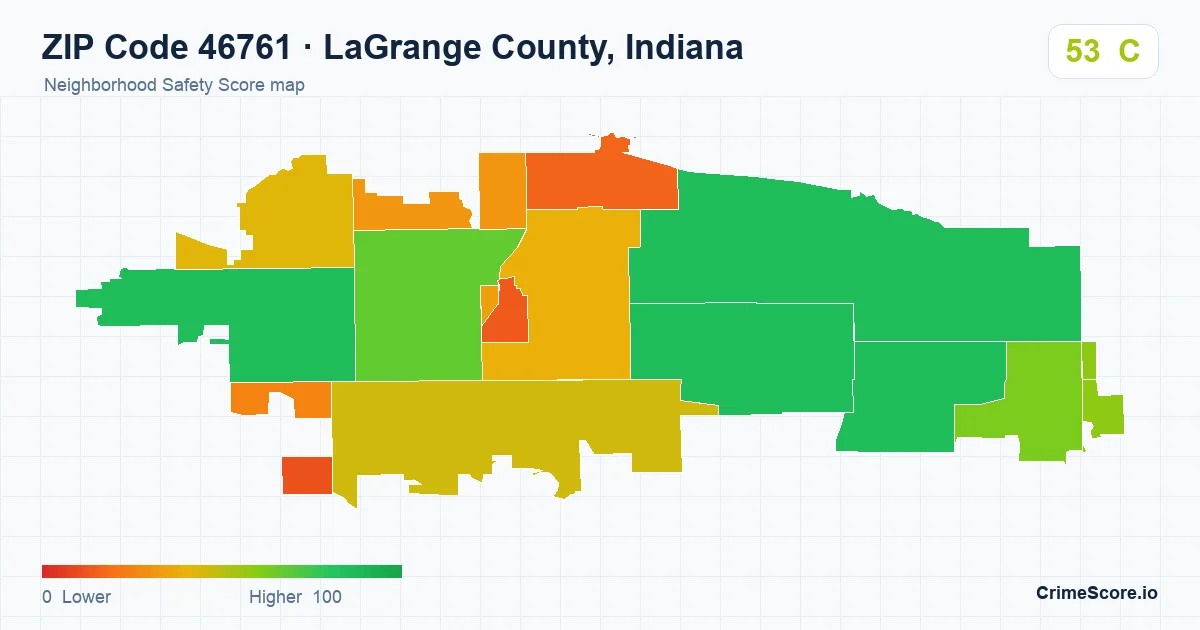 ZIP Code 46761 in LaGrange County, Indiana neighborhood Safety Score map