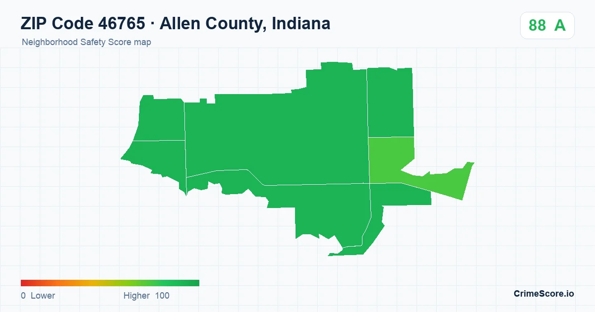 ZIP Code 46765 in Allen County, Indiana neighborhood Safety Score map