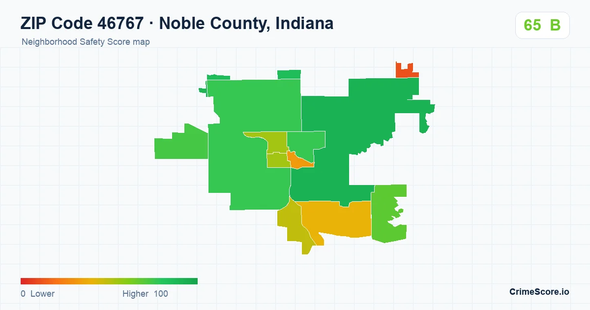 ZIP Code 46767 in Noble County, Indiana neighborhood Safety Score map