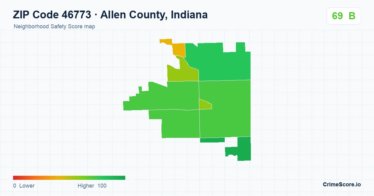 ZIP Code 46773 in Allen County, Indiana neighborhood Safety Score map