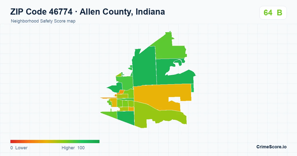 ZIP Code 46774 in Allen County, Indiana neighborhood Safety Score map