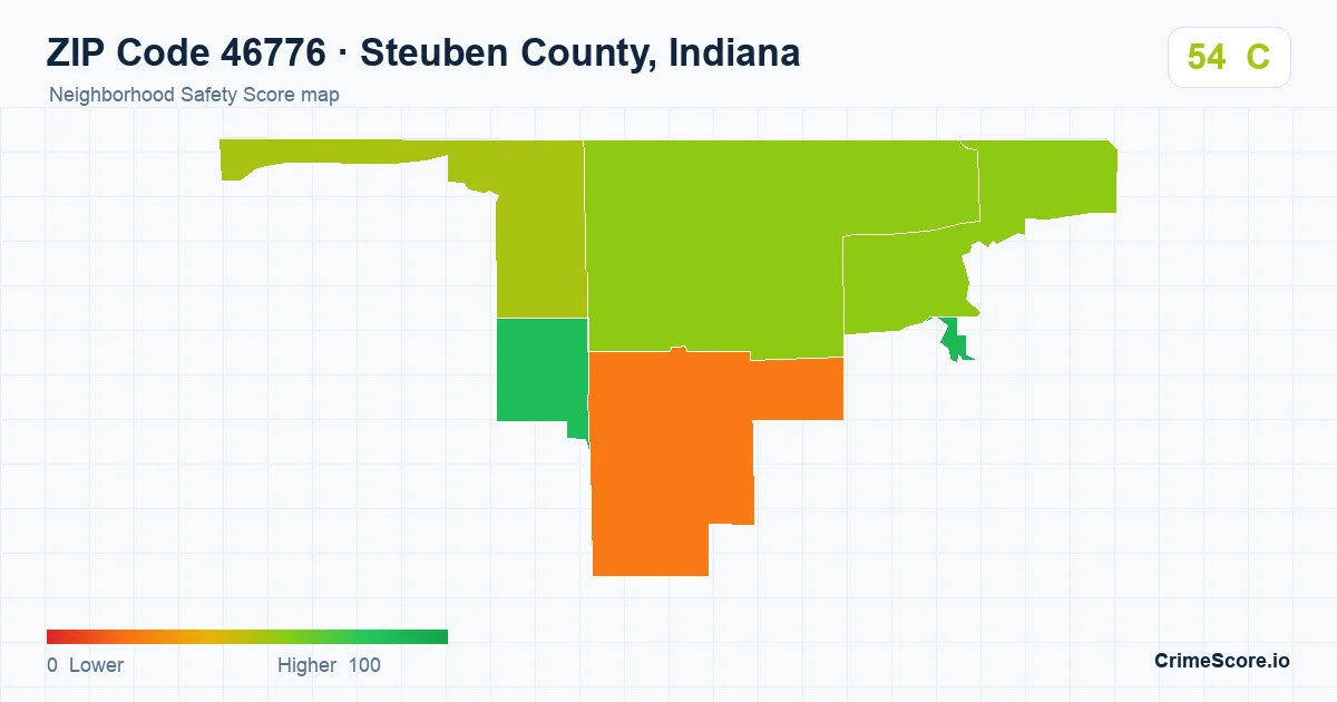 ZIP Code 46776 in Steuben County, Indiana neighborhood Safety Score map