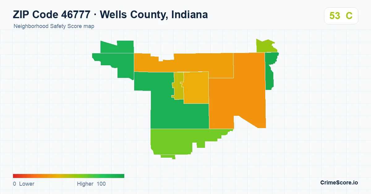 ZIP Code 46777 in Wells County, Indiana neighborhood Safety Score map