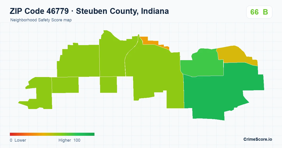 ZIP Code 46779 in Steuben County, Indiana neighborhood Safety Score map