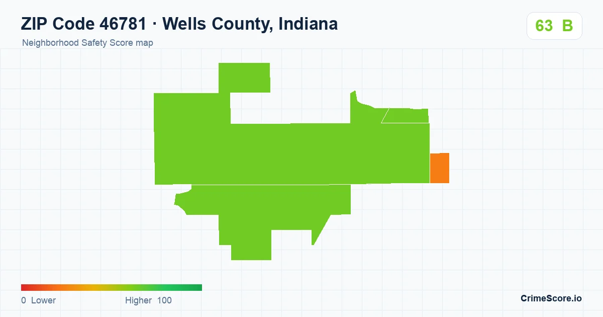 ZIP Code 46781 in Wells County, Indiana neighborhood Safety Score map