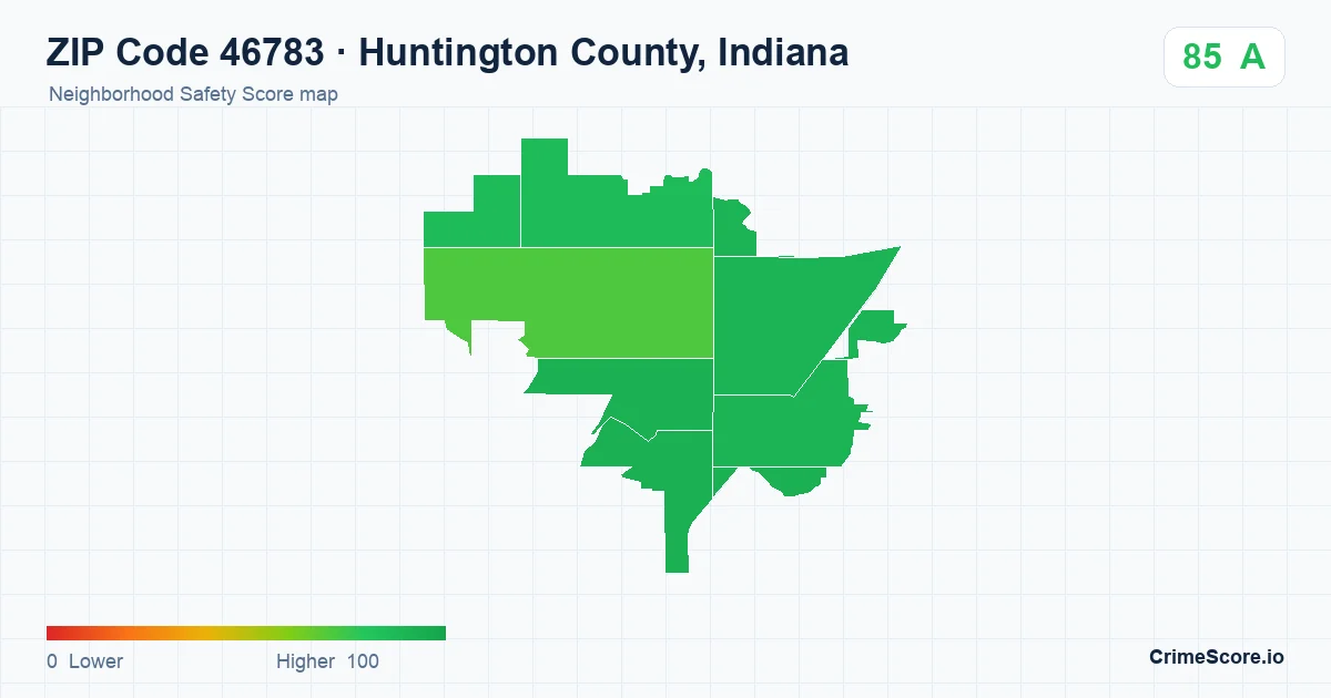 ZIP Code 46783 in Huntington County, Indiana neighborhood Safety Score map