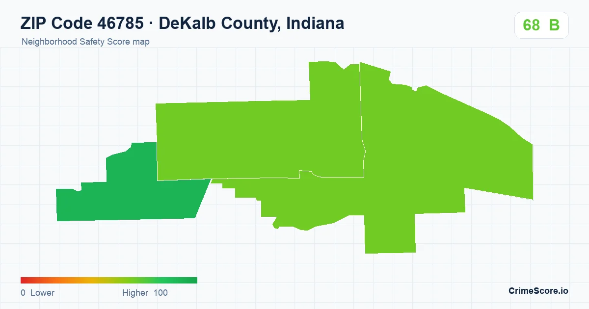 ZIP Code 46785 in DeKalb County, Indiana neighborhood Safety Score map