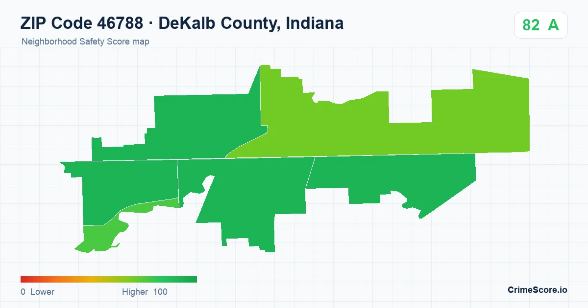 ZIP Code 46788 in DeKalb County, Indiana neighborhood Safety Score map