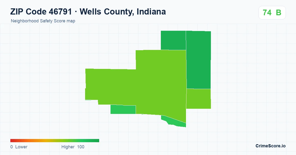 ZIP Code 46791 in Wells County, Indiana neighborhood Safety Score map