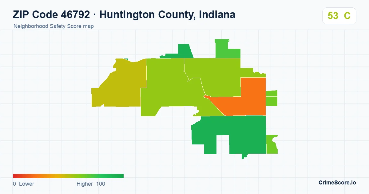 ZIP Code 46792 in Huntington County, Indiana neighborhood Safety Score map
