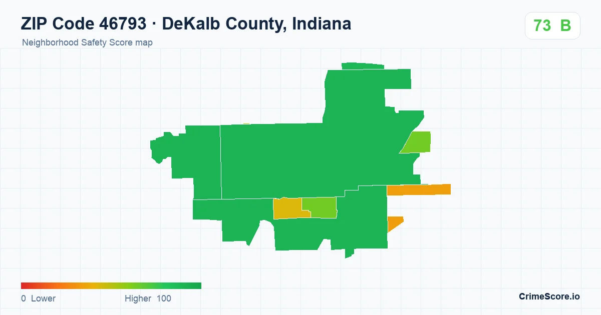 ZIP Code 46793 in DeKalb County, Indiana neighborhood Safety Score map