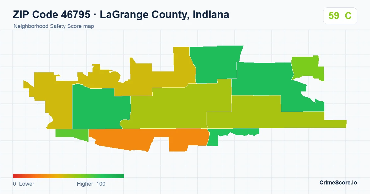 ZIP Code 46795 in LaGrange County, Indiana neighborhood Safety Score map