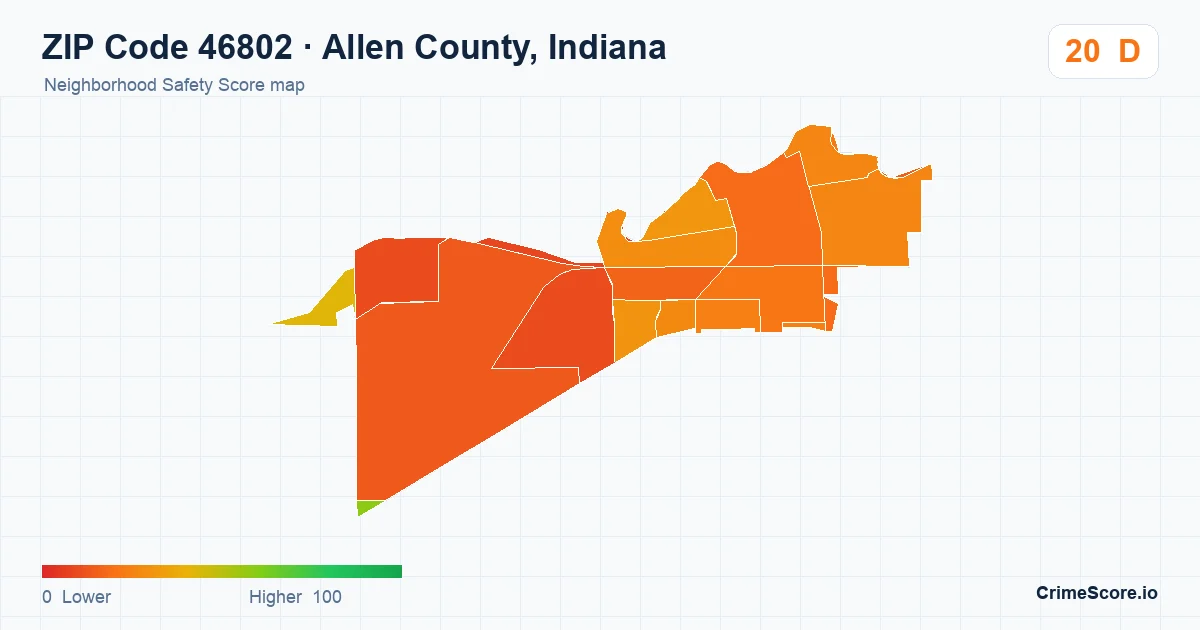 ZIP Code 46802 in Allen County, Indiana neighborhood Safety Score map