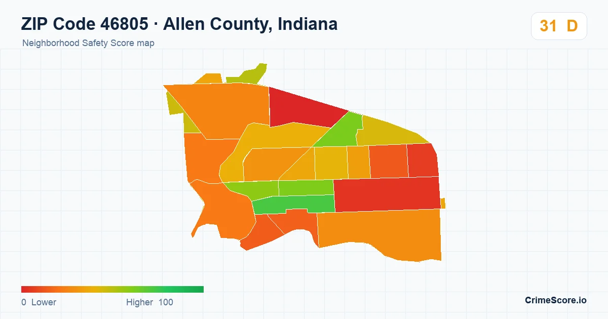 ZIP Code 46805 in Allen County, Indiana neighborhood Safety Score map