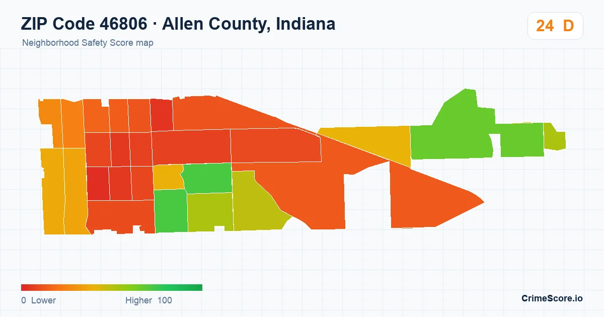 ZIP Code 46806 in Allen County, Indiana neighborhood Safety Score map
