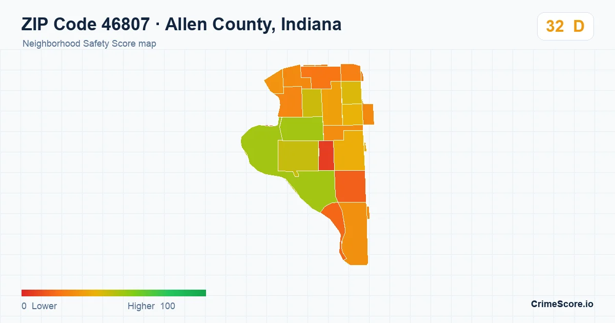 ZIP Code 46807 in Allen County, Indiana neighborhood Safety Score map