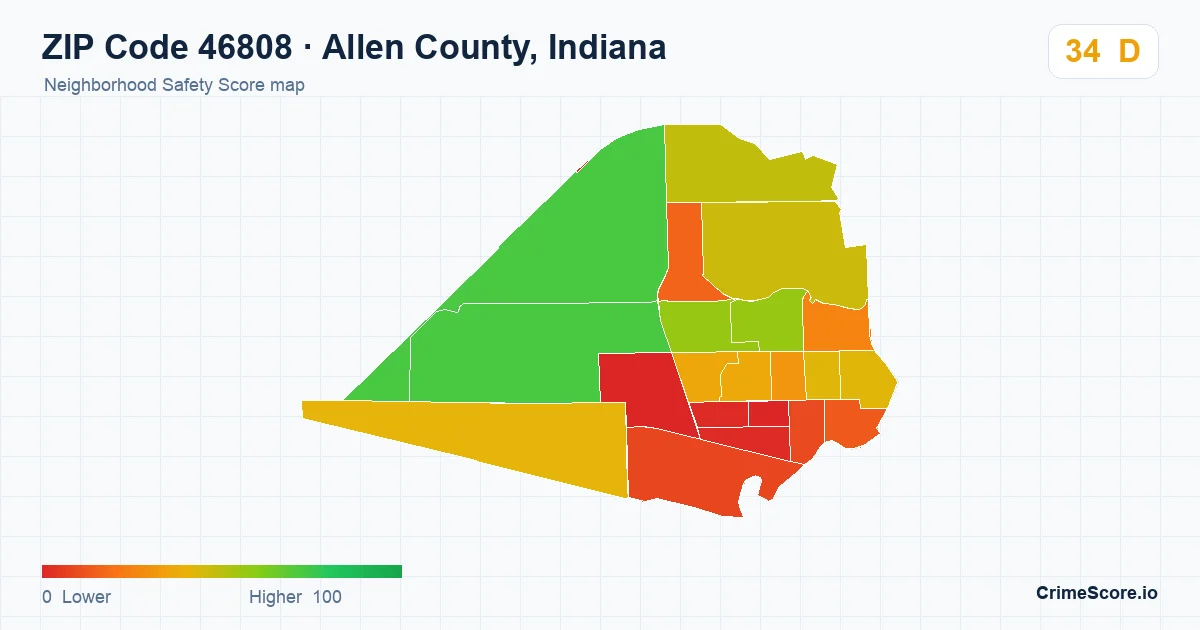 ZIP Code 46808 in Allen County, Indiana neighborhood Safety Score map