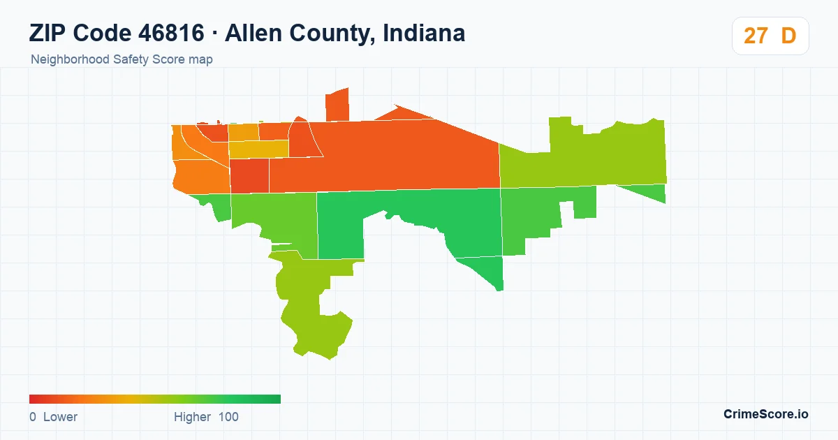 ZIP Code 46816 in Allen County, Indiana neighborhood Safety Score map