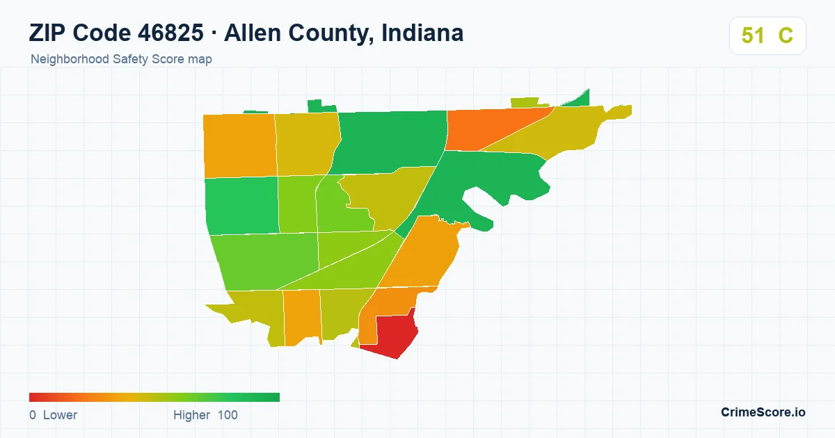 ZIP Code 46825 in Allen County, Indiana neighborhood Safety Score map