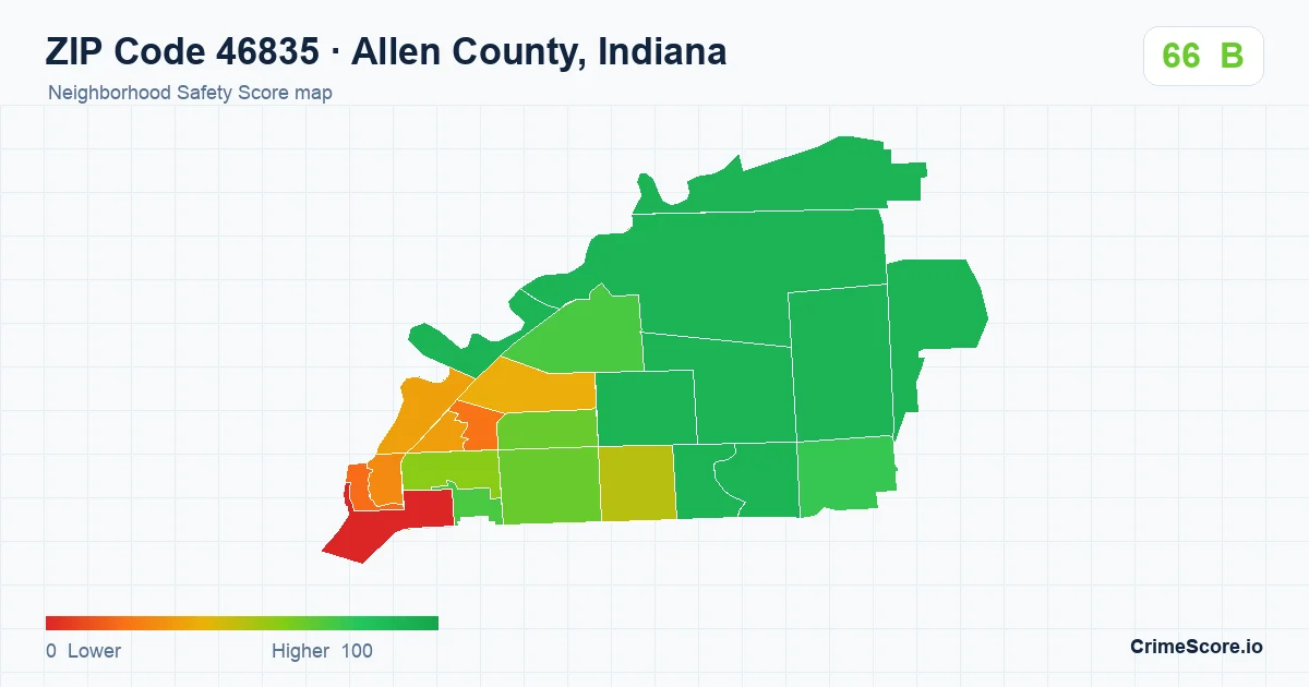 ZIP Code 46835 in Allen County, Indiana neighborhood Safety Score map