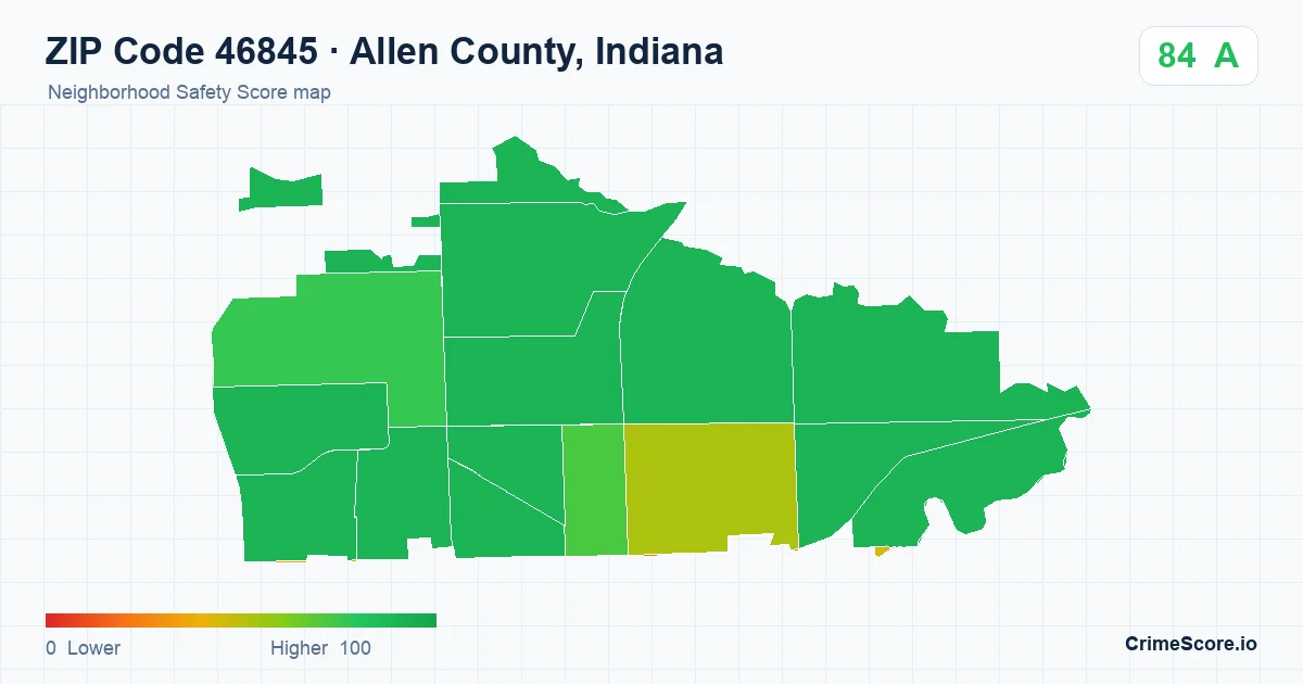 ZIP Code 46845 in Allen County, Indiana neighborhood Safety Score map