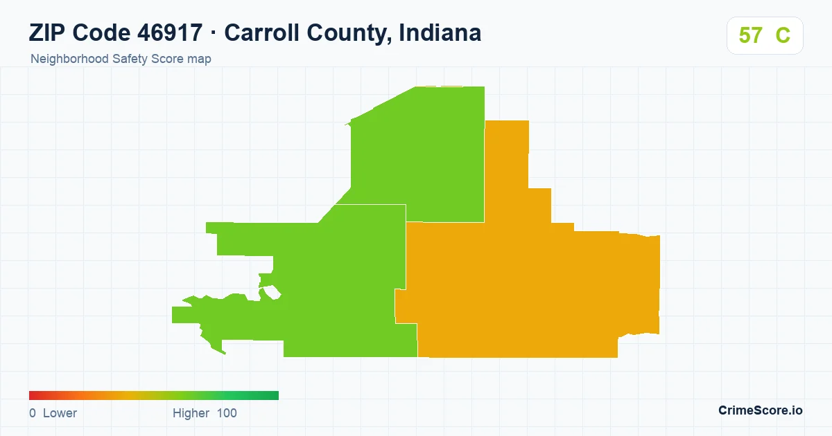 ZIP Code 46917 in Carroll County, Indiana neighborhood Safety Score map