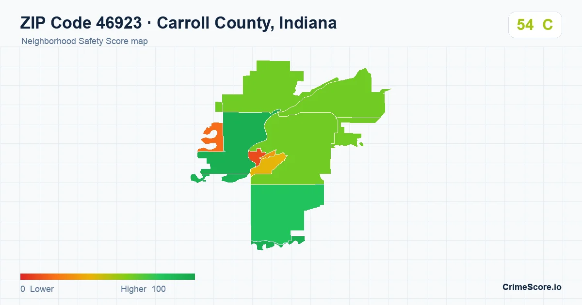 ZIP Code 46923 in Carroll County, Indiana neighborhood Safety Score map