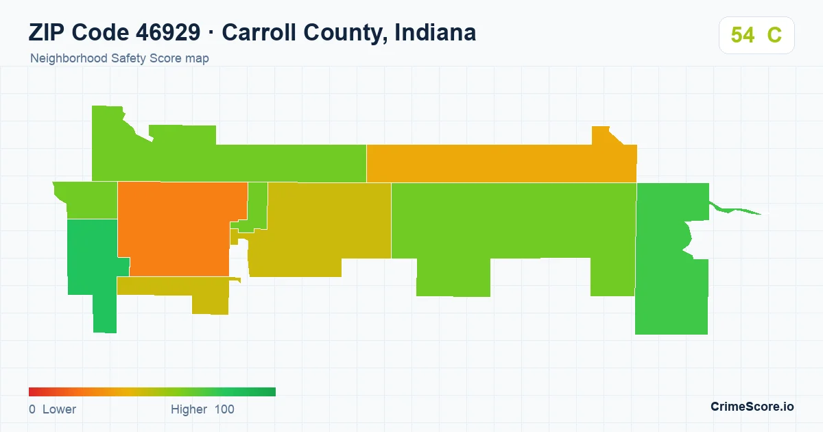 ZIP Code 46929 in Carroll County, Indiana neighborhood Safety Score map