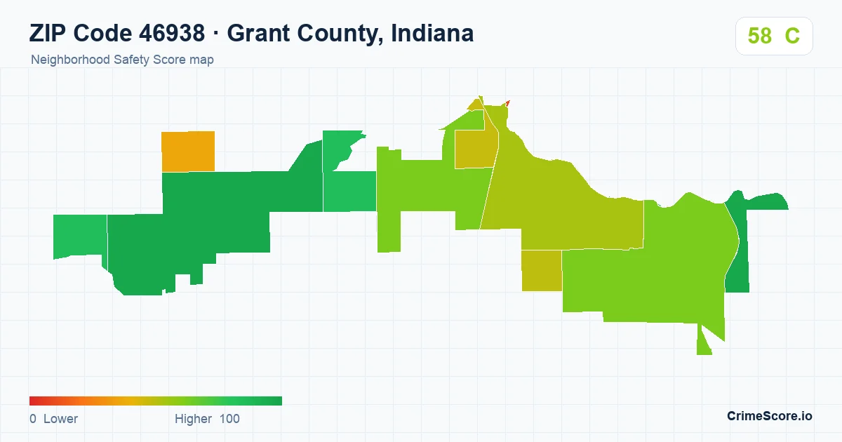 ZIP Code 46938 in Grant County, Indiana neighborhood Safety Score map