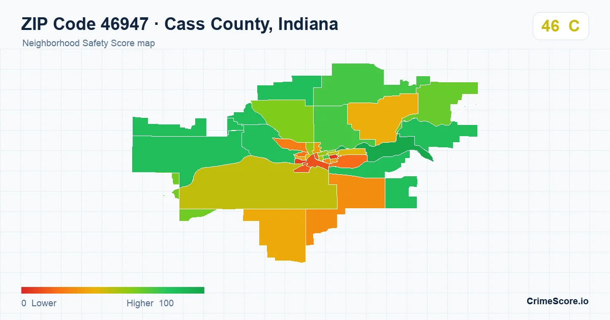 ZIP Code 46947 in Cass County, Indiana neighborhood Safety Score map