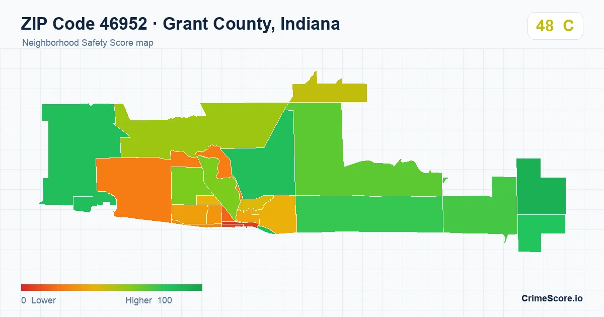 ZIP Code 46952 in Grant County, Indiana neighborhood Safety Score map