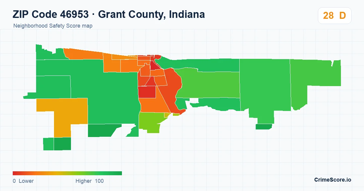 ZIP Code 46953 in Grant County, Indiana neighborhood Safety Score map