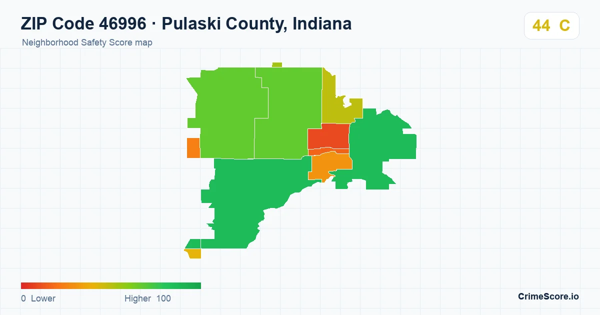 ZIP Code 46996 in Pulaski County, Indiana neighborhood Safety Score map